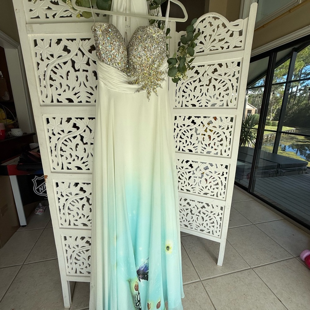 Tony Bowls Le Gala White and Blue Gown with Silver Details